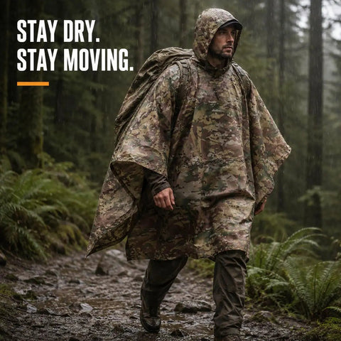 Man wearing military style tactical ripstop camo rain poncho in forest, all weather waterproof protection for outdoor survival.
