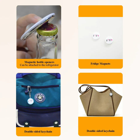 DIY Button Badge Maker Kit 3 In 1 Press With 1 Inch, 1.25 Inch, And 2.25 Inch Molds, 300 Button Parts, 5 Fridge Magnets, 5 Bottle Openers, And 5 Keychains For Custom Pins And Small To Large Badges accessories including bottle opener, magnet, and keychain.