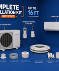 Top Tier 30000 BTU Smart Mini Split AC And Heat Pump With Wifi And Voice Control installation kit items displayed against blue background.