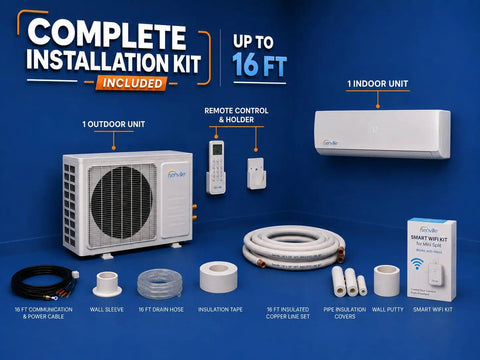 Top Tier 30000 BTU Smart Mini Split AC And Heat Pump With Wifi And Voice Control installation kit items displayed against blue background.