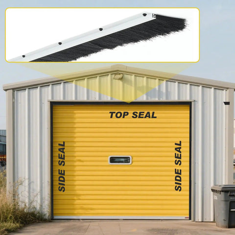 Heavy Duty Roll Up Garage Door Brush Seal 10 Foot Weather Stripping with nylon bristles shown on a yellow garage door.