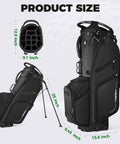 Lightweight 14 Way Golf Stand Bag with Dual Straps, Full Length Dividers, Multiple Pockets, Ball Holder, Rain Cover, dimensions shown