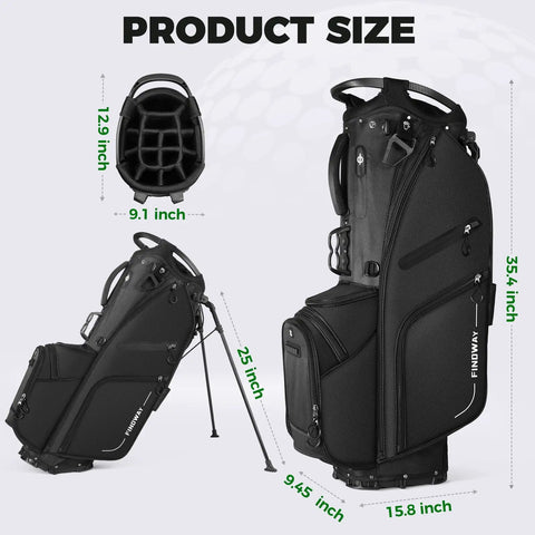 Lightweight 14 Way Golf Stand Bag with Dual Straps, Full Length Dividers, Multiple Pockets, Ball Holder, Rain Cover, dimensions shown