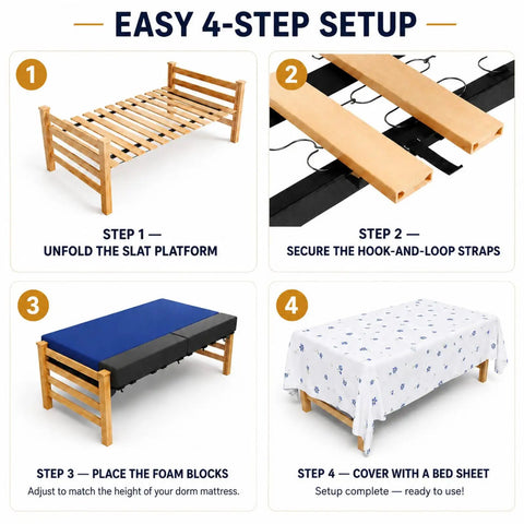 Easy setup steps for Game Changing College Dorm Bed Expansion Kit To Convert Twin Xl To 48 Inch Wide Mattress Base.