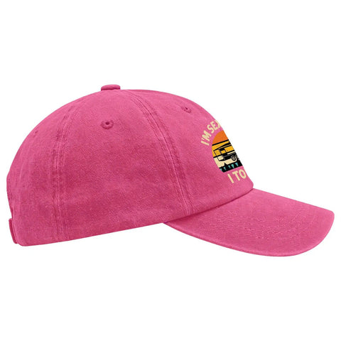 I Am Sexy And I Tow It Vintage Camping RV Camper Truck Hat For Men Funny Outdoor Cap side view in rose red