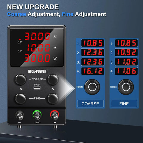 Pro Grade DC Power Supply 30V 10A Adjustable Switching Regulated Bench Lab Unit with 4-Digit LED Display and Control Knobs