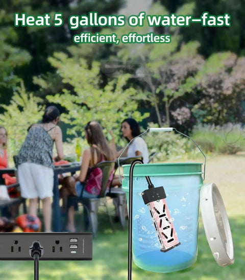 1800W Immersion Water Heater With Thermostat in a bucket heating water outdoors, showing cable and control unit