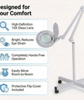 Premium 10X Magnifying Lamp With 6500K LED Light, Adjustable Arm, Rolling Base, display of lens features and comfort design.