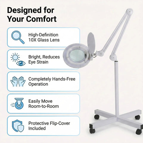 Premium 10X Magnifying Lamp With 6500K LED Light, Adjustable Arm, Rolling Base, display of lens features and comfort design.