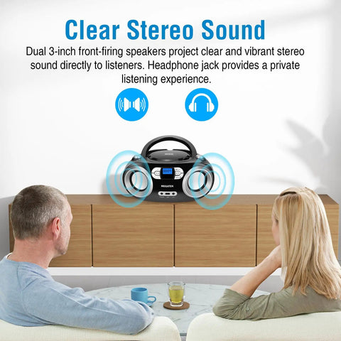Portable CD Player Boombox With FM Radio Bluetooth USB Port And Aux Input For Home Or On The Go on a table with people listening