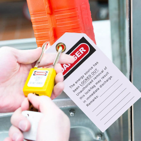 10 Piece Equipment Repair Tags PVC And Metal Lockout Hanging Tags with padlock in use for safety service in industrial maintenance