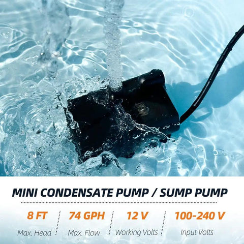 Automatic Sump Pump With Water Sensor submerged in water showing 8 ft lift, 74 GPH capacity with electrical cord visible.