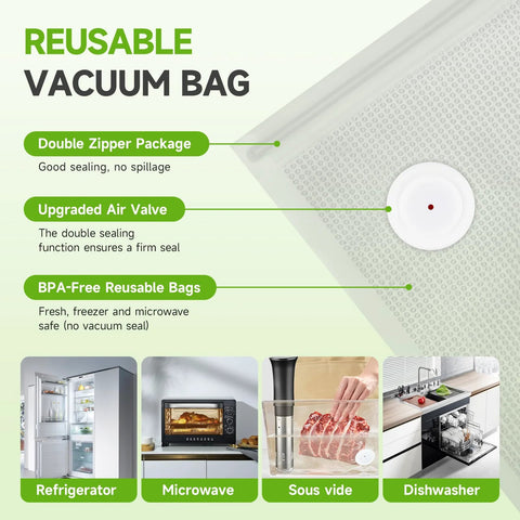 Vixino vacuum sealer bags, BPA-free reusable 40-count for food storage; front view with double zipper and air valve