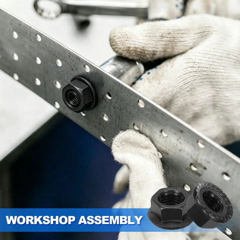 15 Pcs Serrated Flange Hex Nut Set M10 1.5 Coarse Thread Carbon Steel Black Oxide in workshop assembly application