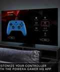 Officially Licensed Symmetric Wired Xbox Controller in Blue for Series X and S displayed on TV with customization options.