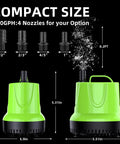 660 GPH Submersible Water Pump for Ponds, Fountains, Hydroponics, with 4 nozzles, 40W, green, compact size, 5.31" height