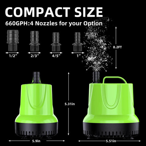 660 GPH Submersible Water Pump for Ponds, Fountains, Hydroponics, with 4 nozzles, 40W, green, compact size, 5.31" height