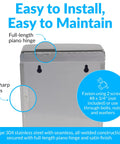 Back view of Go To Stainless Steel Sanitary Napkin Disposal Wall Mount Receptacle with installation details and hinge design.