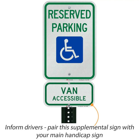 Heavy Duty Six By Twelve Inch Van Accessible Metal Sign Built Tough With Sixty Three Mil Aluminum And Legit 3M Engineer Grade Reflective Coating In Clean Green On White for designated parking.