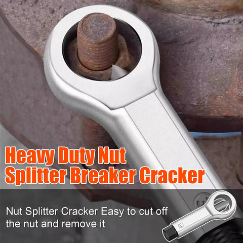 Heavy duty nut splitter cracker tool on a rusted bolt, showcasing its functionality for removing stubborn nuts.
