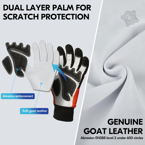 Chainsaw Safety Gloves Built For The Job With 12 Layer Protection On Left Hand Back Tough As Nails Leather Work Gloves For Logging And DIY High Visibility Orange Back PVC Palm Patches For Extra Durability Size M