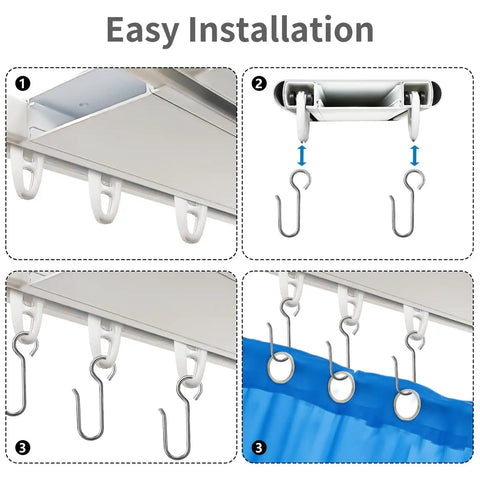 Heavy Duty Pulley And S Hook Set For Double Curtain Track Ceiling Mounted Upgraded White Rail System For Bedroom, Office, Study, Outdoor Courtyard And RV 48 Piece Set, white plastic pulley and metal S hooks on ceiling track