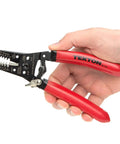Hand holding 7 Inch Wire Stripper Tool Built Tough With Hardened Steel, Strips 10-20 AWG Solid And Stranded Wire, Serrated Pliers Jaw Grips