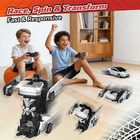 Kids playing with Cybertruck RC Toy Car For Kids 2 In 1 Vehicle With 2.4GHz Remote Lights Dual Batteries 360 Degree Rotation And Drift