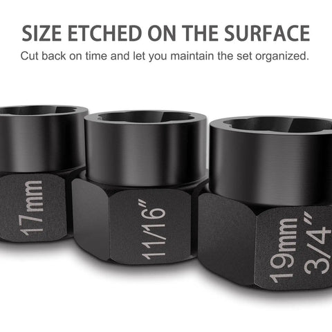 Close-up of sizes etched on Boss 13-Piece Bolt Extractor Set For Stripped Nuts And Bolts, heavy-duty 41Cr chrome steel exteriors.