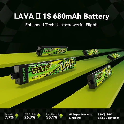 LAVA II 1S 680mAh Battery with BT2.0 Connector displayed with tech specs for tiny whoop drones