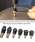 Top Shelf Manual Rivet Nut Tool Mandrel Kit With Six Solid Hex Inserts showing manual tool securing various size inserts into metal.