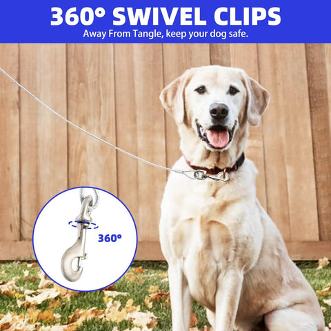 Heavy Duty Outdoor Dog Run Cable System With 75 Ft Tie Out And 10 Ft Runner Cable for Dogs shown with 360° swivel clip in yard