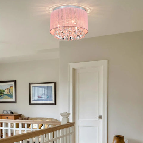 Pink Chandelier Drum Flush Mount Crystal Ceiling Light Fixture With 3 Lights Handmade Cotton Thread For Girl Bedroom Nursery Chic Modern Decor And Glam Lighting With A Lit Vibe For Living Room Or Kids Room Decor