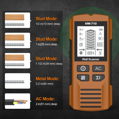 Brilluxa Stud Finder, Wall Scanner Digital Detector with LCD Display showing detection modes and depth settings in yellow.