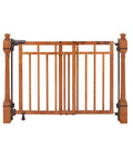 Wood Banister And Stair Safety Gate For Babies And Pets, Adjustable 32 To 48 Inches Wide, 33 Inches Tall, with oak finish.