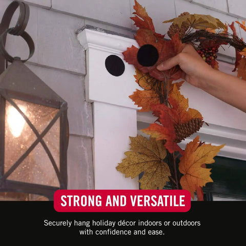 Ultra Tough Industrial Hook And Loop Fasteners With Stick-On Adhesive For Indoor Outdoor Use One And Seven Eighths Inch Circular Pads Pack Of Four Heavy-Duty Hold For Tools Cables And Gear shown securing autumn wreath