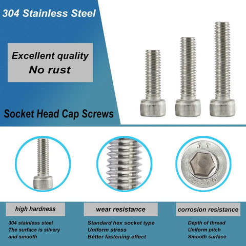 Beefy M6 Socket Head Cap Screws Set in 304 Stainless Steel, Fully Threaded, Bright Finish, Metric Allen Hex Drive, Assorted Lengths
