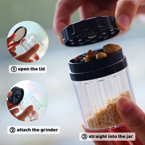 Close-up of Herb Grinder Containers Multipurpose All In One Durable Metal Spice Mill With Stash Jar For Grab And Go Airtight Sealable Containers Two Point Two Inch Sharpstone Grinder With Accessories And Carrying Pouch Storage Case Included, showing attachment and use with contents inside the jar.