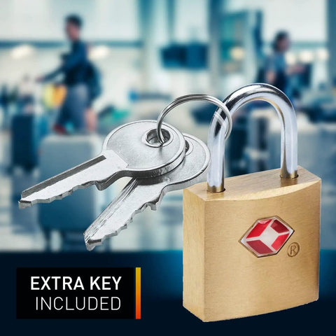 Mini Brass Square TSA Travel Lock For Luggage And Carry On, Durable Padlock with keys for suitcases, in an airport setting