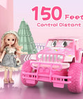 Pink rechargeable remote control car for kids 1:16 scale with doll, 2.4GHz off-road RC truck, all terrain, gift for 3 year old girls.