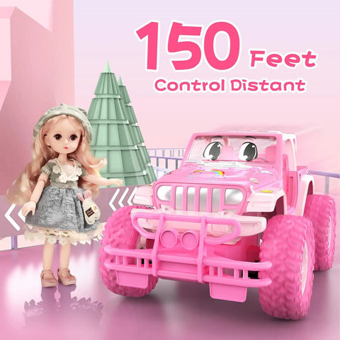 Pink rechargeable remote control car for kids 1:16 scale with doll, 2.4GHz off-road RC truck, all terrain, gift for 3 year old girls.