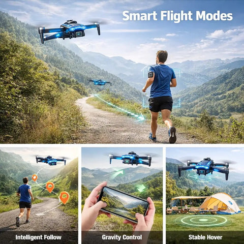 1080P Camera Mini Drone With Brushless Motors For Beginners Long Flight Time hovering in nature, following runner, smart flight modes