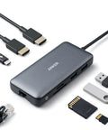Dual 4K USB C Docking Station For Laptops With 2 HDMI Ports, 8 In 1 Hub, 85W Power Delivery, Ethernet, SD Card Reader, 2 USB A Ports, Plug And Play Setup For XPS And More, shown with connected devices.