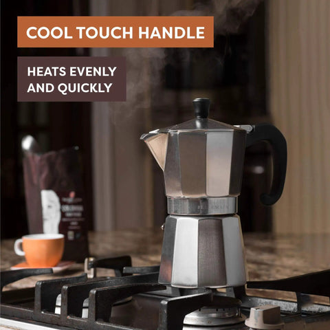 Stovetop Espresso Maker For Home Brewing And Camping Italian Moka Pot In Classic Aluminum 6 Cup Mocha Pot on kitchen stove