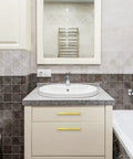 Bathroom vanity with 30 Pack 7 3 Eighths Inch Square Cabinet Pulls in Brushed Brass Stainless Steel, shown on drawers