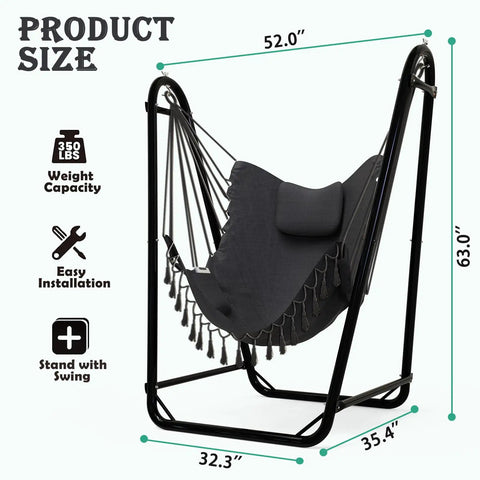 U Shaped Hammock Chair With Stand For Indoor Or Outdoor Relaxation Sturdy Rust Resistant Cozy Gray Cotton Swing Chair No Overhead Beam Design