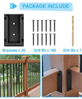 30 Pcs Deck Railing Bracket Connectors for 2x4 Wood Posts with 180 coated iron screws, weatherproof nylon brackets, and drill bit included.