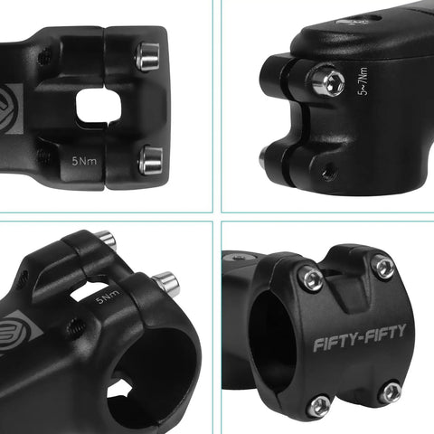 Close-up of 7 Degree Aluminum Bike Stem For 31.8mm Bar Clamp, 1-1/8 Inch Steerer, 60mm Length, CNC Machined 6061-T6 in black.