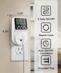 Digital Infinite Repeat Cycle Intermittent Timer Plug in outlet showing dimensions and features like daily on/off and countdown modes.