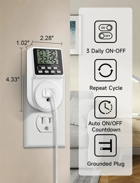 Digital Infinite Repeat Cycle Intermittent Timer Plug in outlet showing dimensions and features like daily on/off and countdown modes.
